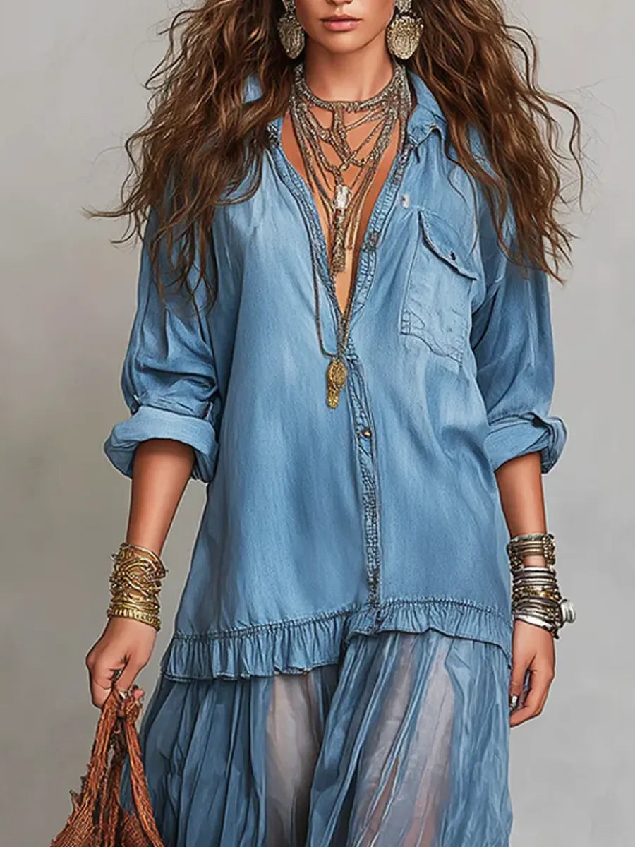 Women's Denim & Organza Patchwork Maxi Dress - Artistic Everyday