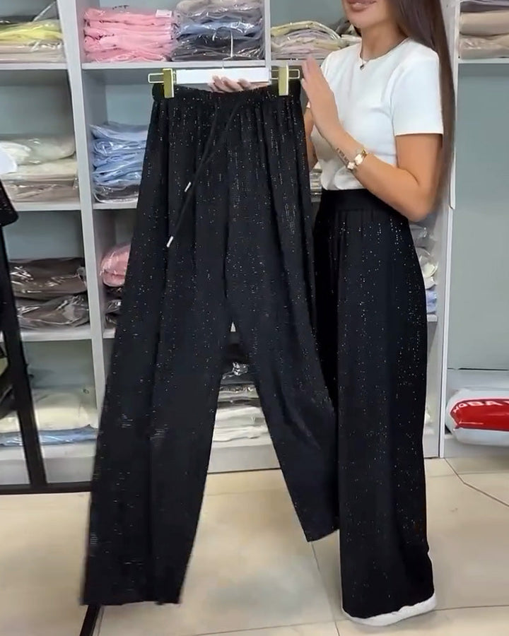 Women's Sequined Cotton Blend Wide Leg Pants - Chic Daily