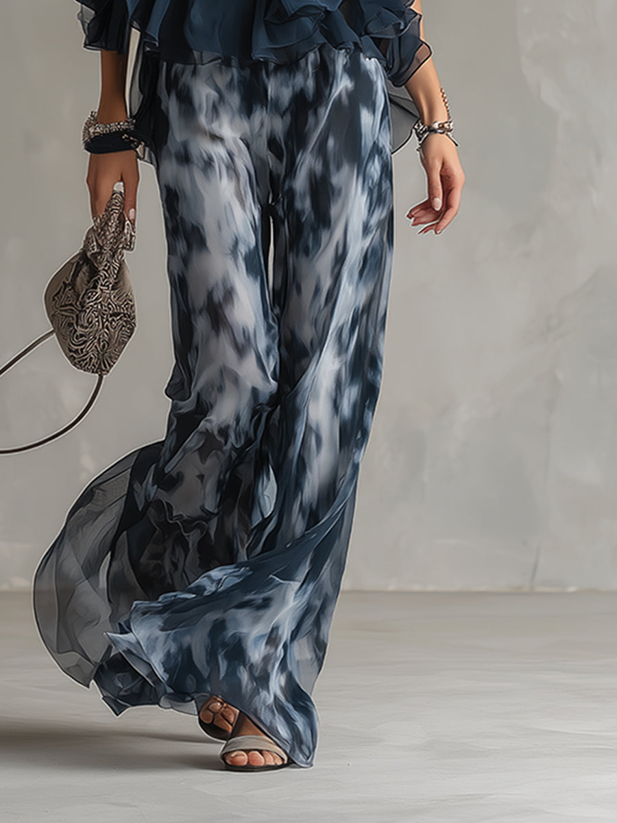 Women's Navy Halter Top & Printed Chiffon Pants Set - Evening Elegance