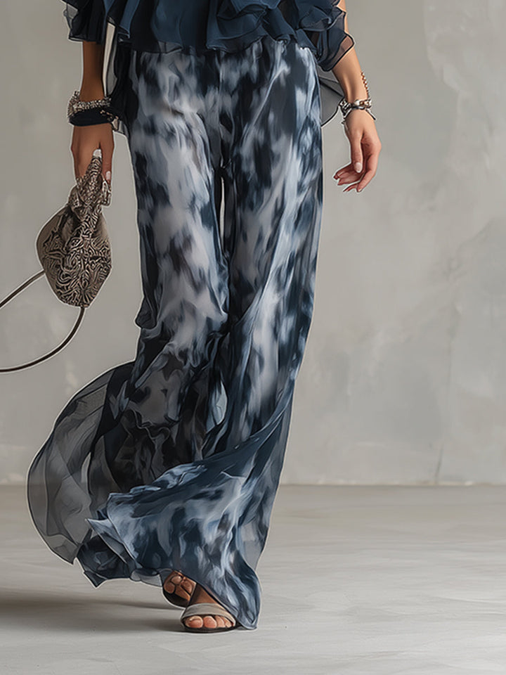 Women's Navy Halter Top & Printed Chiffon Pants Set - Evening Elegance
