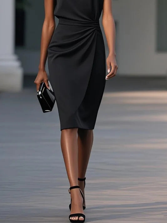 Women's Stretch Midi Dress with Side Drape - Effortless Elegance