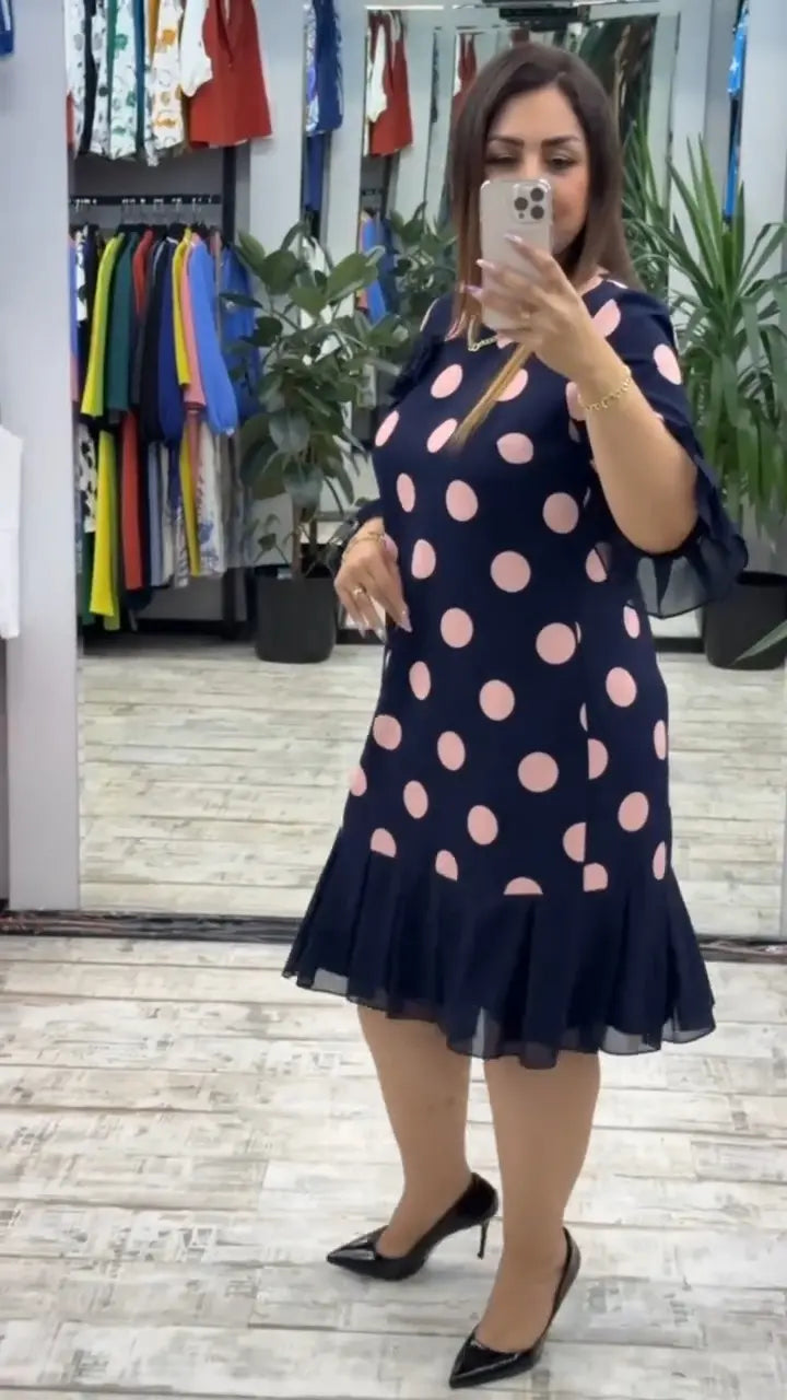 Women's Polka Dot Pleated Knee-Length Dress - Graceful Everyday Look