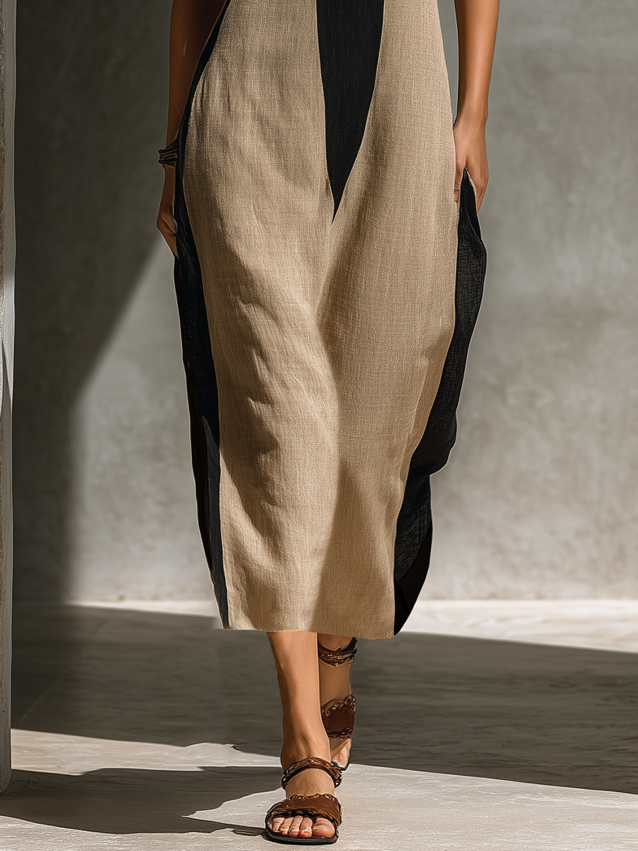 Women's Cotton Color Block Halter Midi Dress - Elegant Daytime Look