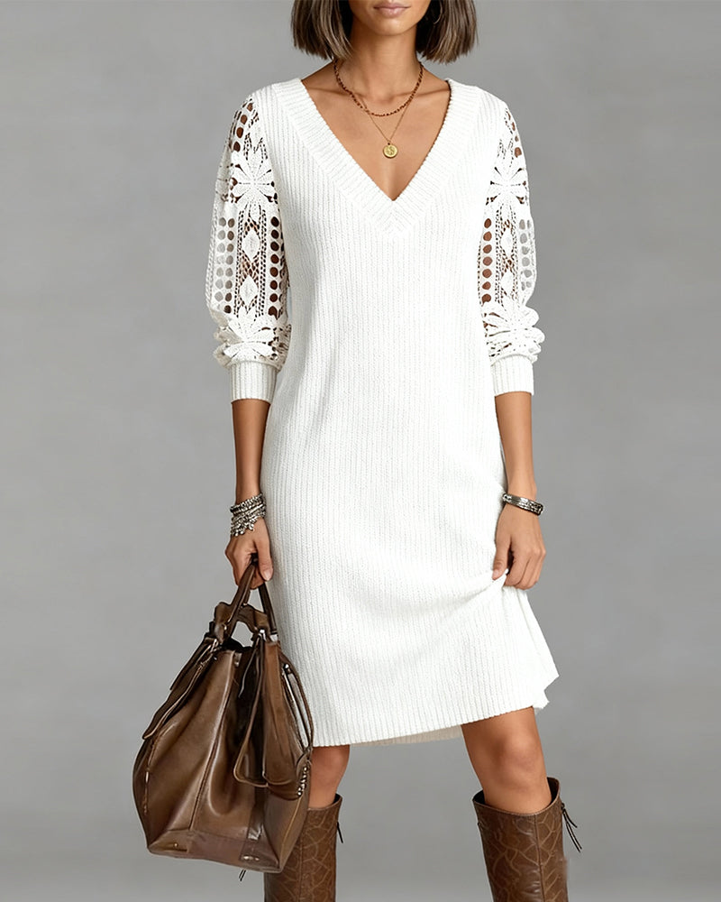 Women's Long Sleeve Lace V-Neck Dress - Graceful & Sophisticated
