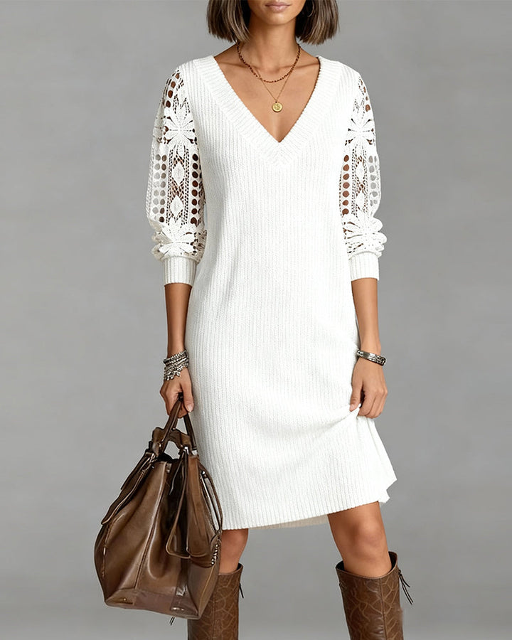 Women's Long Sleeve Lace V-Neck Dress - Graceful & Sophisticated