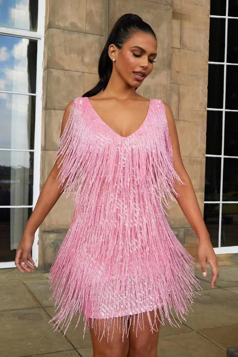 Women's Fringed V-Neck Party Dress - Striking & Festive