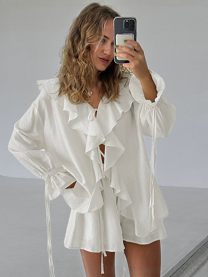 V-Neck Ruffle Shirt + Shorts Set