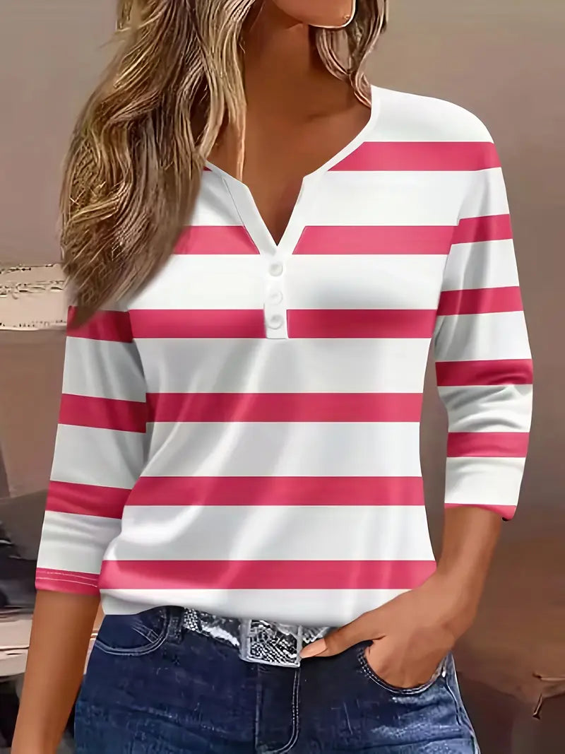 Women's Striped Button Henley Top - Effortless Everyday Style