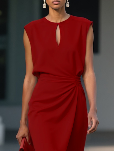 Women's Stretch Midi Dress with Side Drape - Effortless Elegance