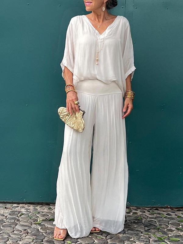 Women's Chiffon Wide-Leg Pants Two-Piece Set - Elegant & Breezy