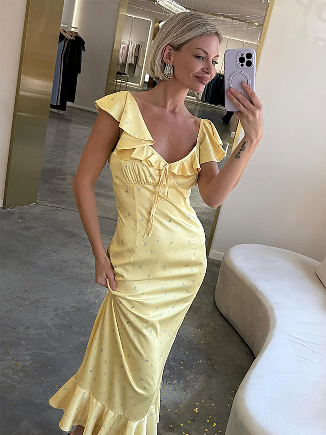 Elegant Ruffle One-Shoulder Tie-Back Printed Dress