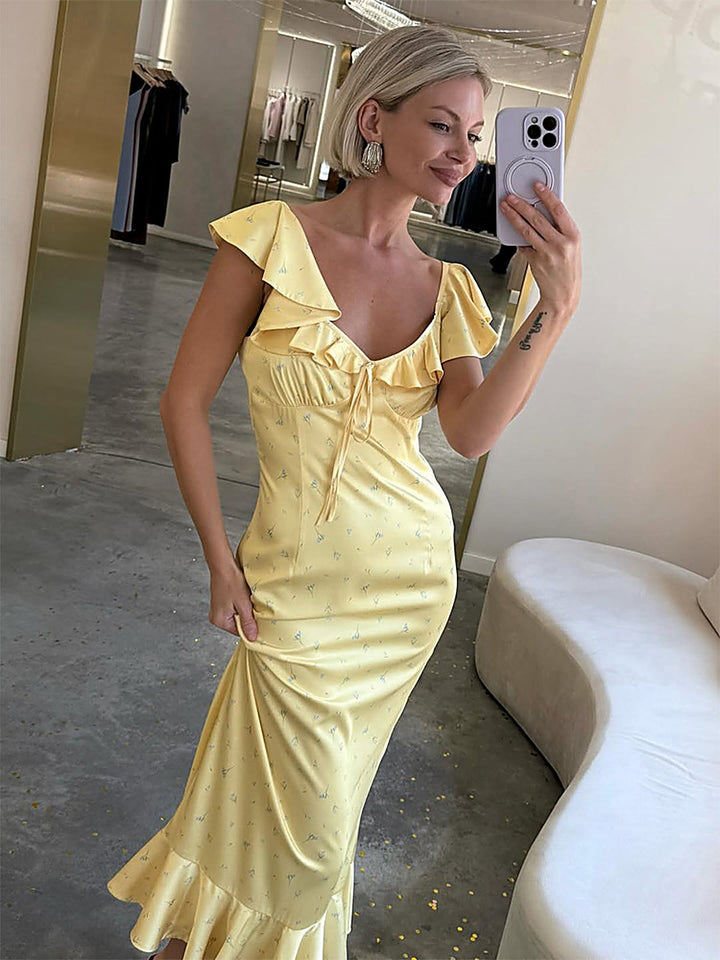 Elegant Ruffle One-Shoulder Tie-Back Printed Dress