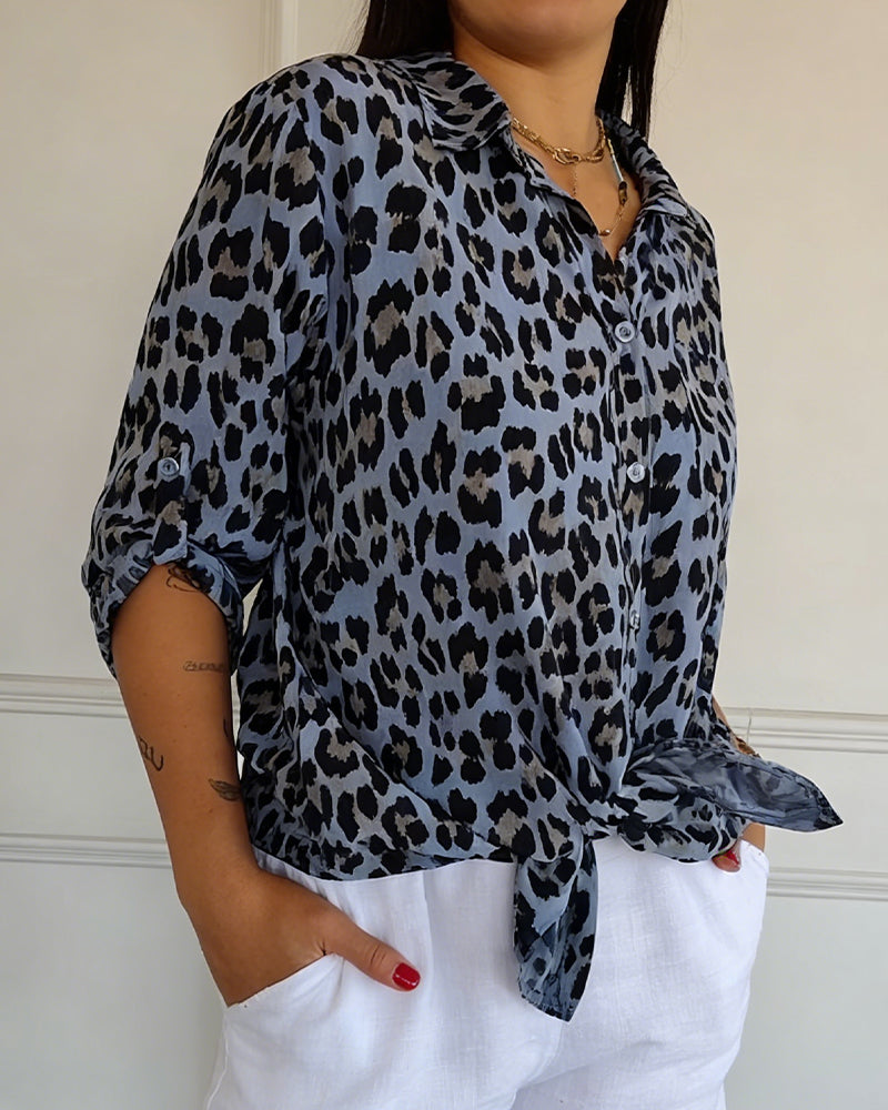 Women's Cotton Blend Leopard Print V-Neck Blouse - Chic Daily Wear