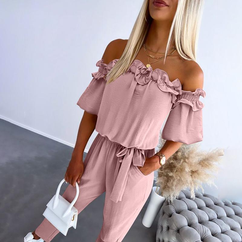 Women's Romantic Ruffle Off-Shoulder Jumpsuit - Effortless Elegance