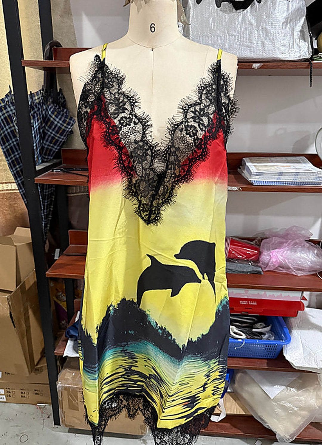 Lace-Trim Printed Cami Slip Dress