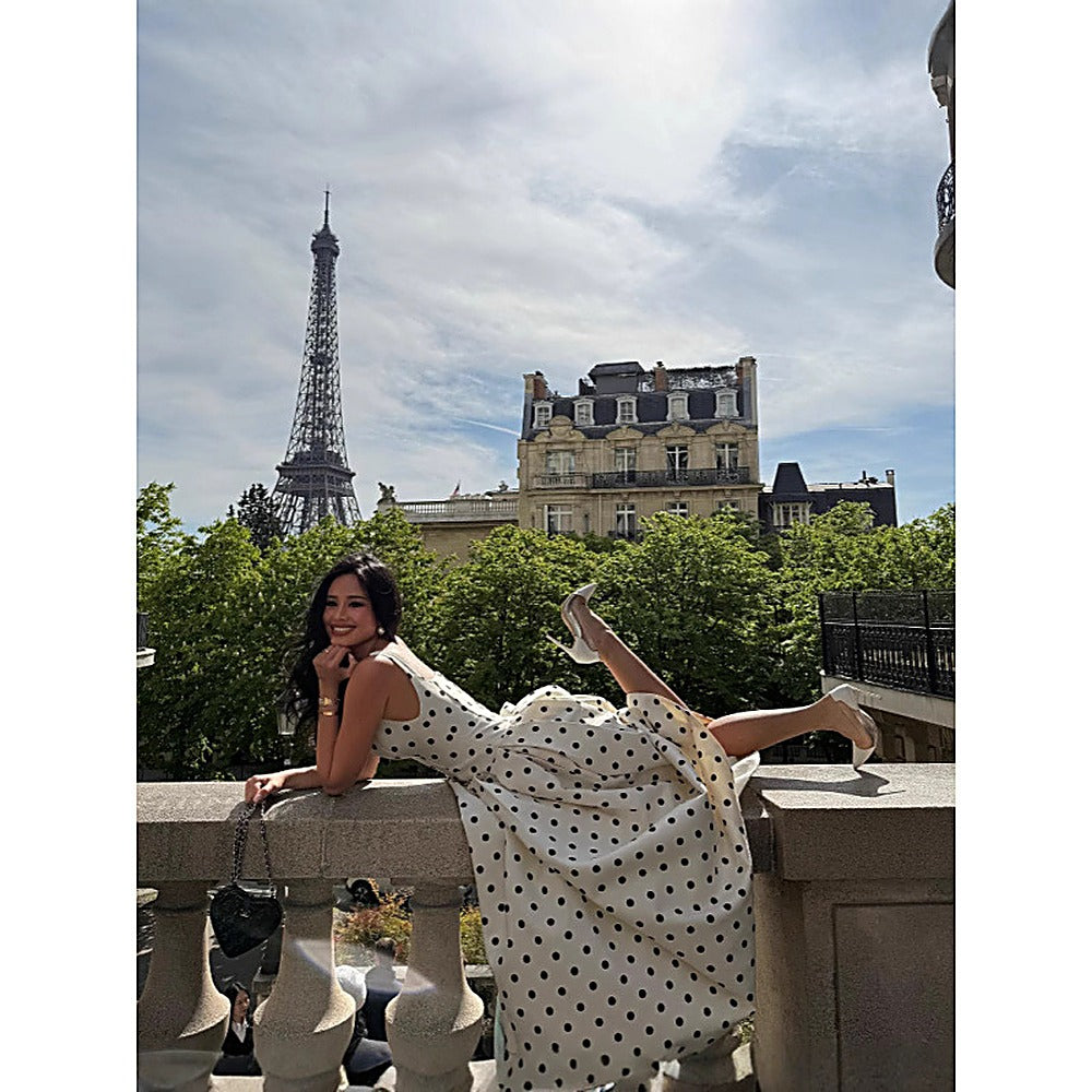 French Chic Square-Neck Polka-Dot Ruched Maxi Slip Dress