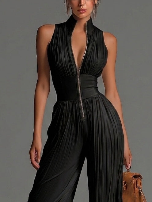 Women's Chiffon V-Neck Pleated Wide-Leg Jumpsuit - Elegant Look