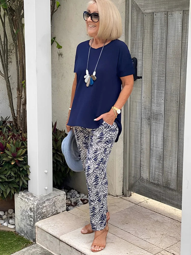 Women's Cotton-Blend Printed Relaxed Fit Outfit Set - Vacation Ready