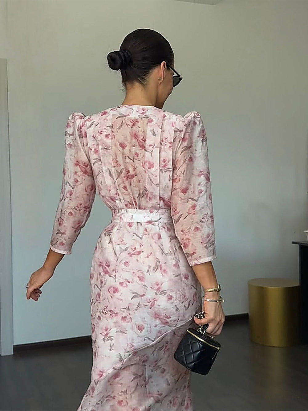 Elegant Printed V-Neck Midi Dress with Slit