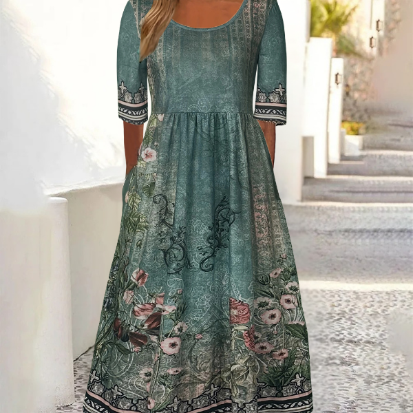 Women's Casual Floral Border Maxi Dress - Bohemian Elegance