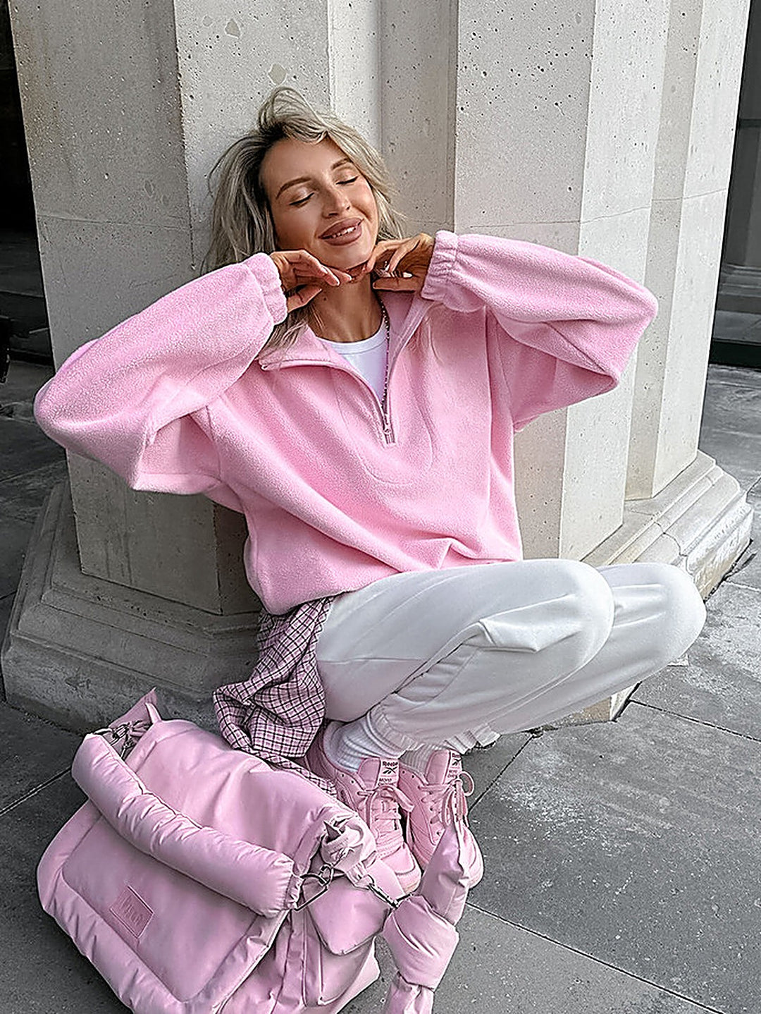 Pink Lapel Fleece-Lined Sweatshirt