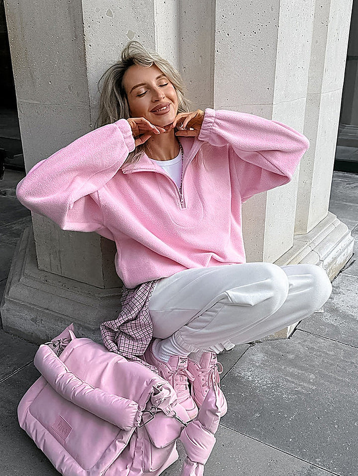 Pink Lapel Fleece-Lined Sweatshirt