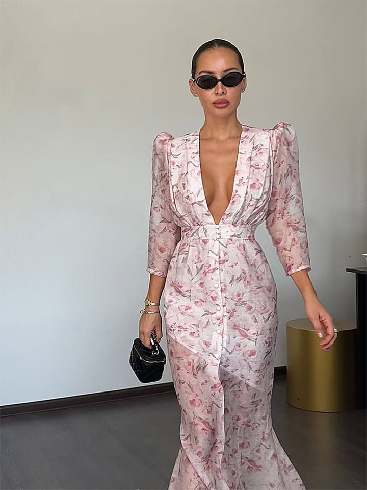 Elegant Printed V-Neck Midi Dress with Slit