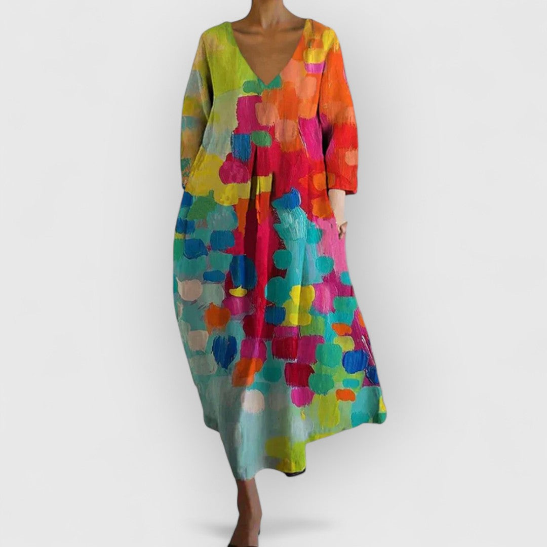 Women's Colorful V-Neck Dress - Effortless Elegance for Spring