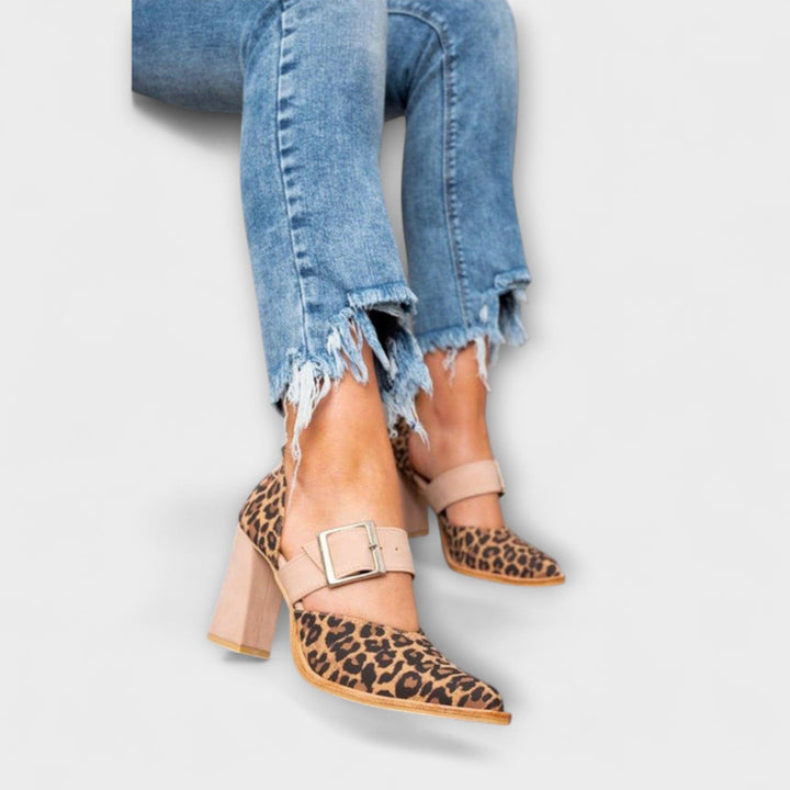 Women's Leopard Print Heeled Sandals - Elegant Evening