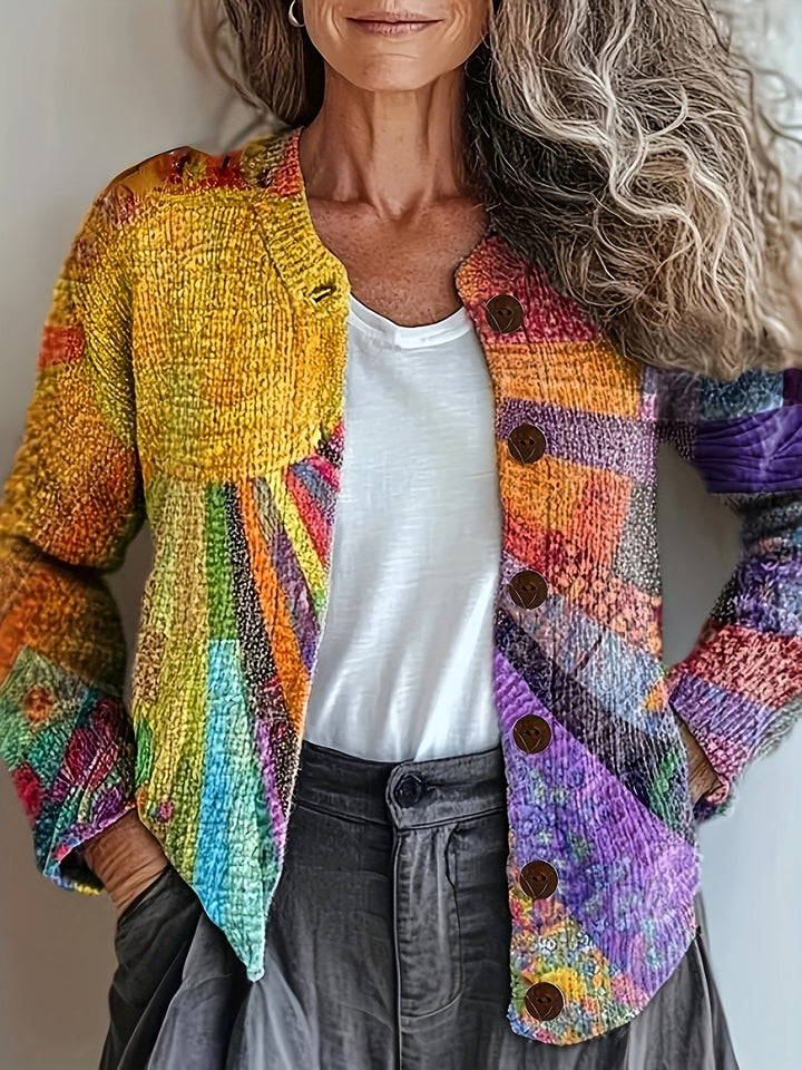 Women's Patchwork Button Cardigan - Artistic Everyday Layer