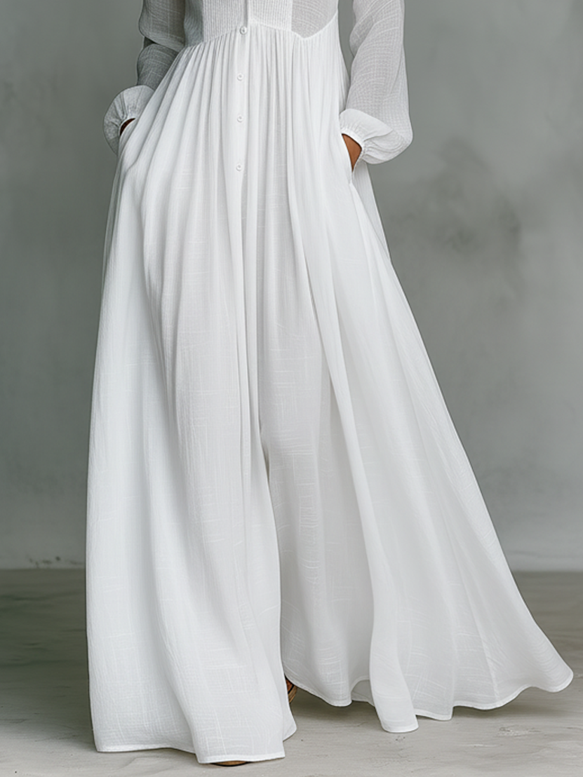 Women's Cotton Linen Maxi Dress - Elegant Patchwork Design