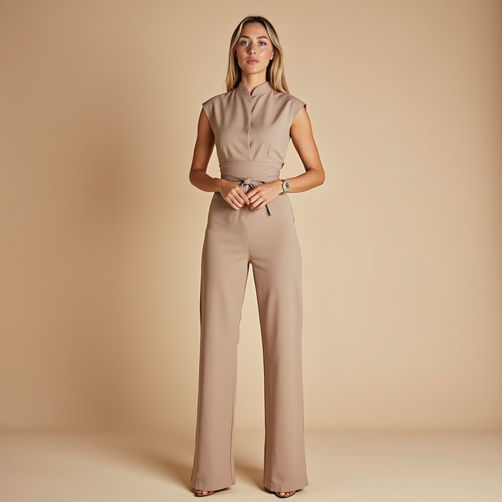 Women's Sleeveless Power Suit - Cinched Waist & Wide Leg
