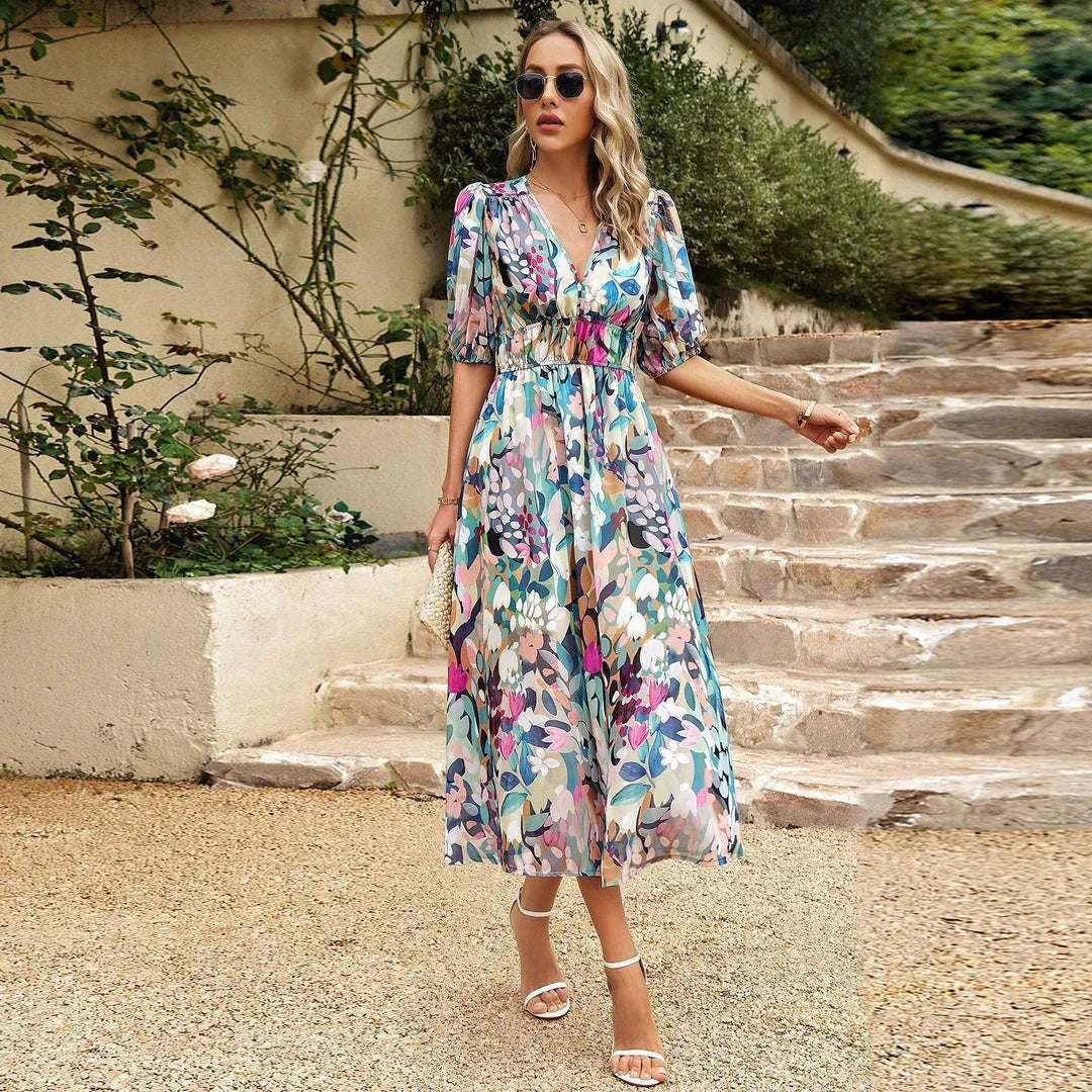 Women's Elegant V-Neck Midi Dress - Versatile for Any Occasion