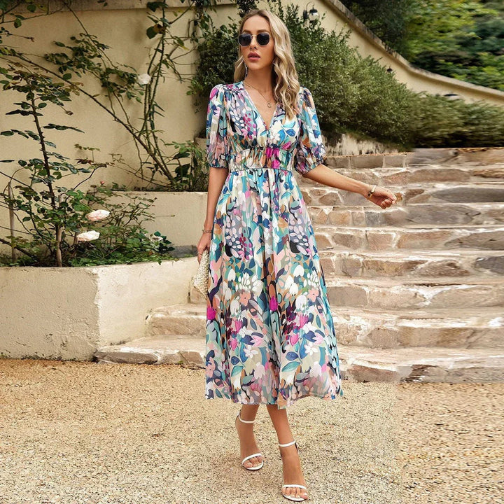 Women's Elegant V-Neck Midi Dress - Versatile for Any Occasion
