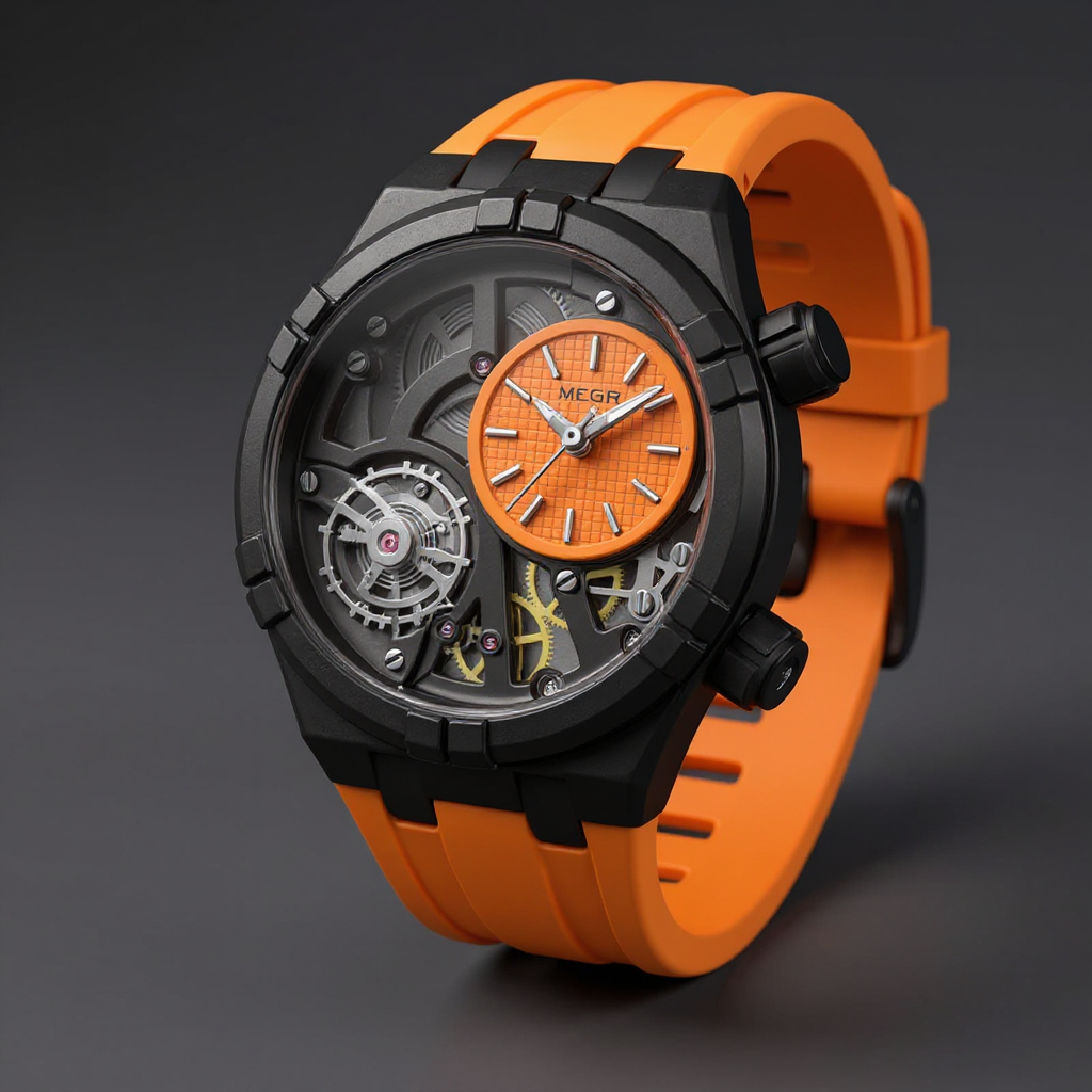 Men's Skeleton Quartz Watch 45mm – Exposed-Dial Silicone Strap