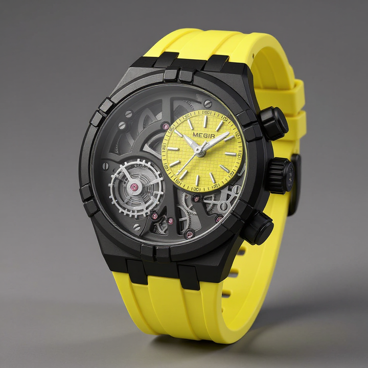 Men's Skeleton Quartz Watch 45mm – Exposed-Dial Silicone Strap