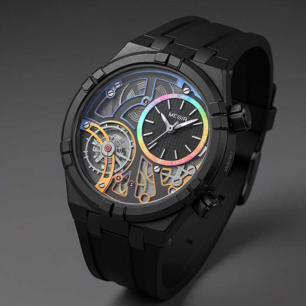 Men's Skeleton Quartz Watch 45mm – Exposed-Dial Silicone Strap