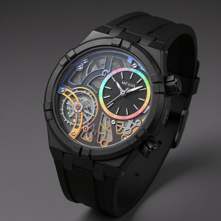 Men's Skeleton Quartz Watch 45mm – Exposed-Dial Silicone Strap