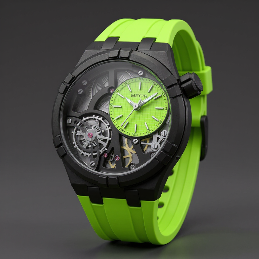 Men's Skeleton Quartz Watch 45mm – Exposed-Dial Silicone Strap