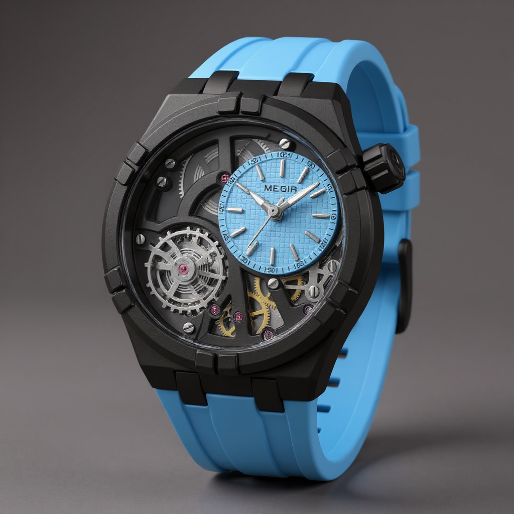 Men's Skeleton Quartz Watch 45mm – Exposed-Dial Silicone Strap