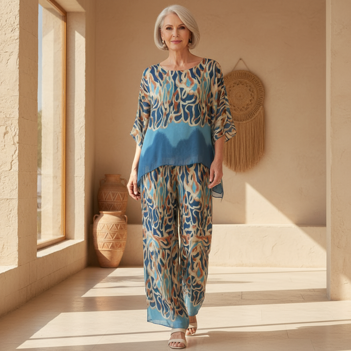 Women's Abstract Print Flowy Two-Piece Set - Effortless Elegance