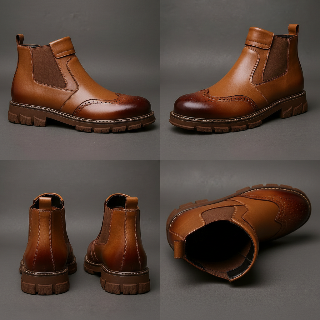 Men's Leather Chelsea Boots - Brogue Detail Winter Boots