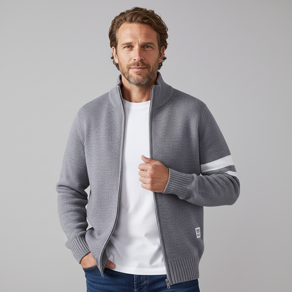 Men's Wool-Blend Zip Sweater - Varsity Knit Jumper Layer