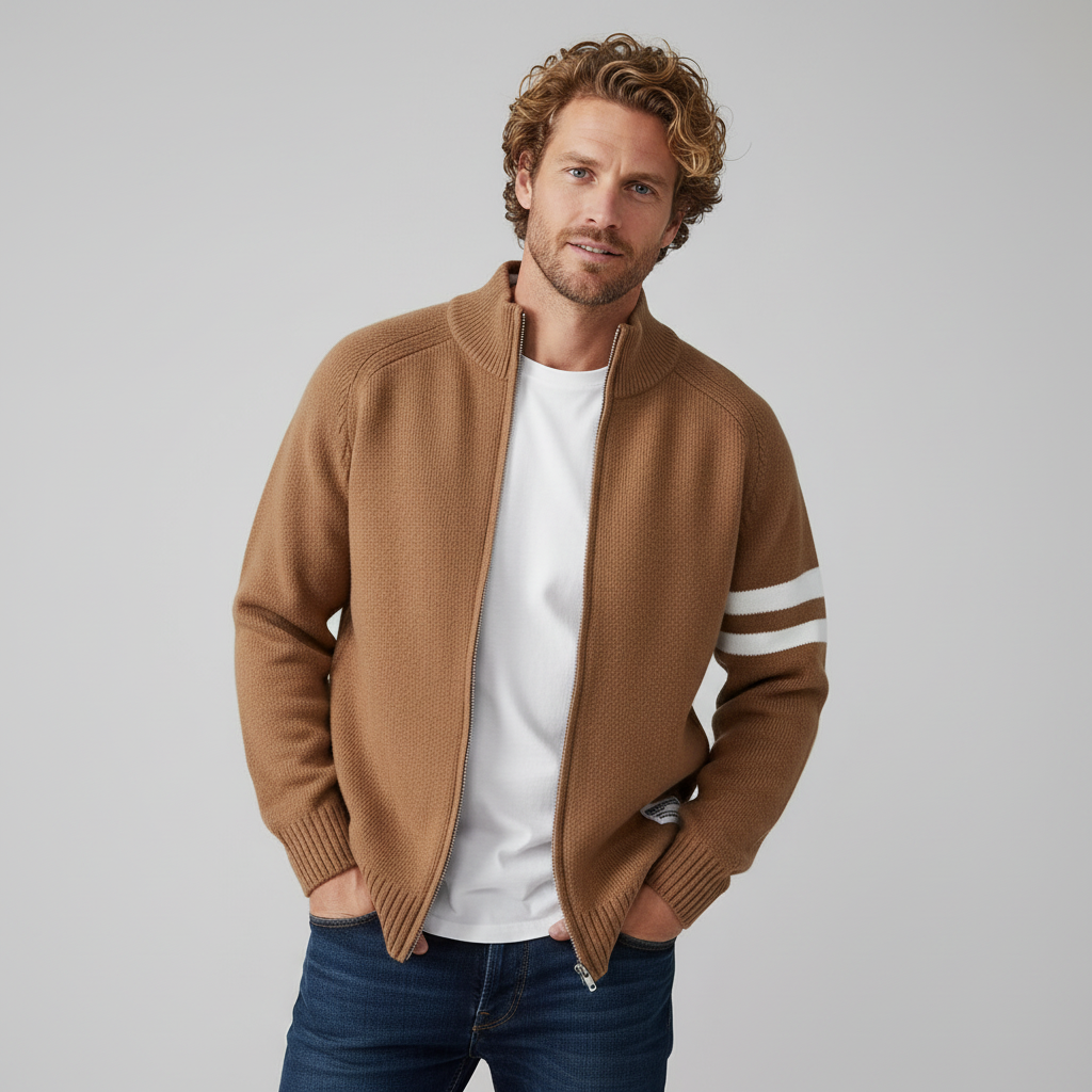 Men's Wool-Blend Zip Sweater - Varsity Knit Jumper Layer