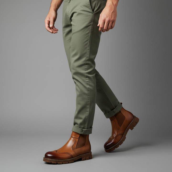Men's Leather Chelsea Boots - Brogue Detail Winter Boots