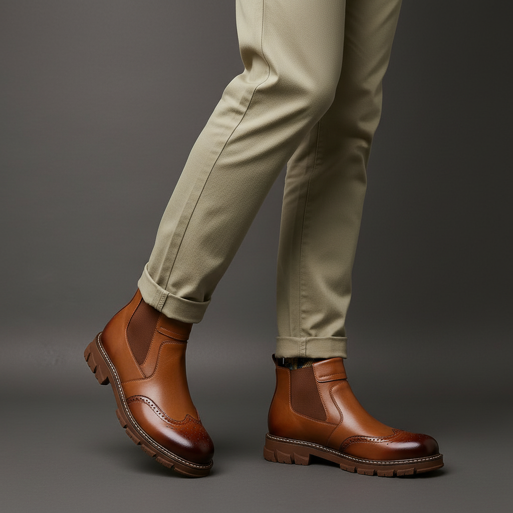 Men's Leather Chelsea Boots - Brogue Detail Winter Boots