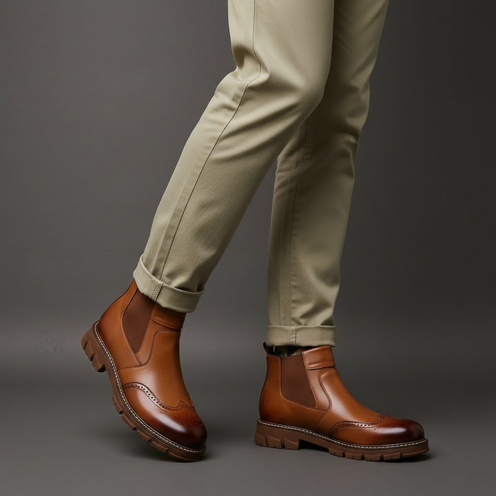 Men's Leather Chelsea Boots - Brogue Detail Winter Boots