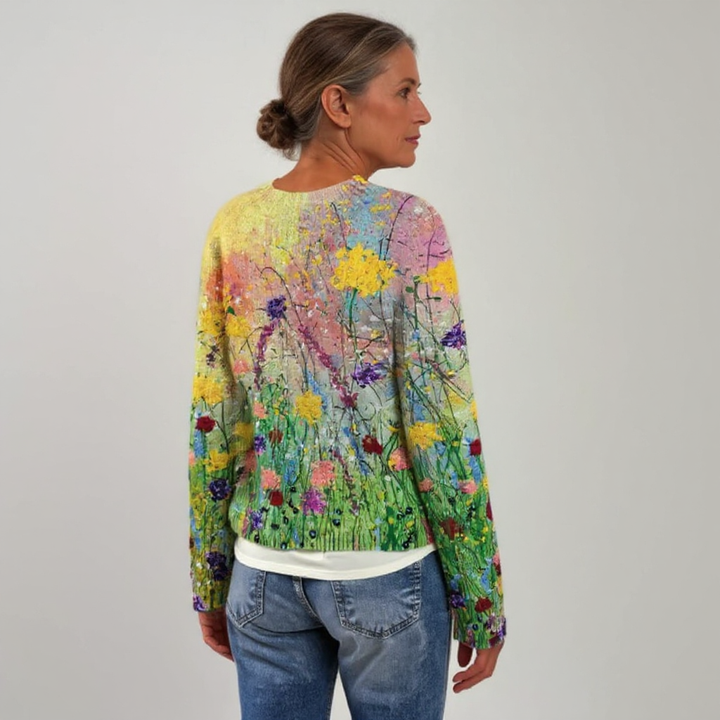 Women's Artistic Meadow Print Sweater - Vibrant and Cozy Knit