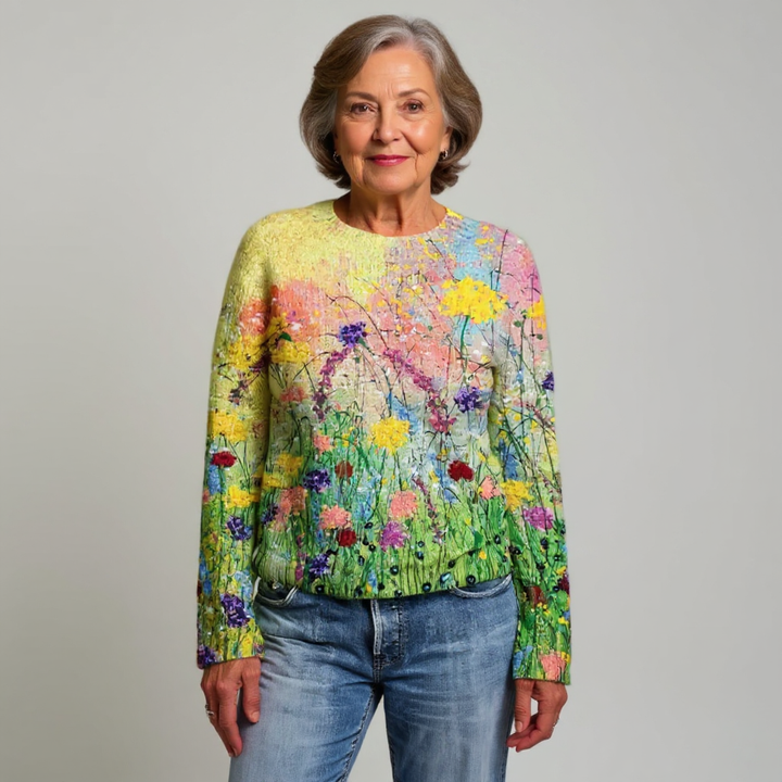 Women's Artistic Meadow Print Sweater - Vibrant and Cozy Knit