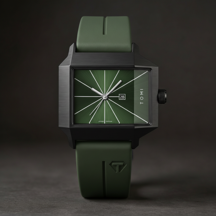 Men's Quartz Watch 39mm – Geometric Sunburst Dial, Silicone Strap